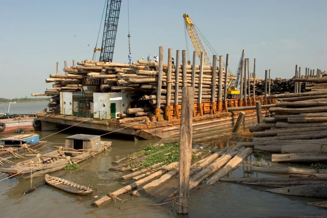 Huge volumes of tropical timbers are traded from across Asia (including Cambodia), where they are manufactured into plywood and used as construction materials in China, Vietnam, and Malaysia and exported into the highly lucrative European Union and North American markets, where they are cores in engineered timber flooring. (Photo Credit: travelib prime / Alamy Stock Photo)