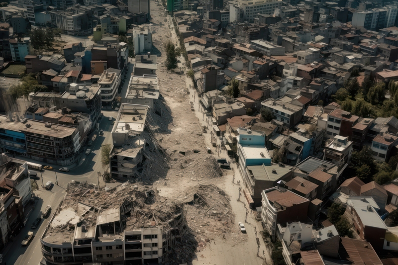 An aerial photo shows collapsed buildings in Antakya, Southern Turkey. The 7.8-magnitude earthquake last February caused up to $500 Billion in damage. Japan, has been able to avoid mass destruction thanks to its Building Codes. (Photo Credit: ID 275676105 © Alexaretouch | Dreamstime.com)