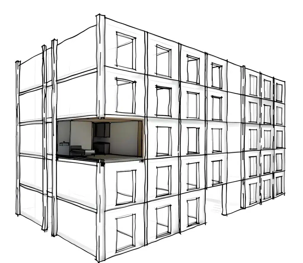 The new Eco-Box slides cross-laminated timber wall and ceiling units into a reinforced concrete floor - with the units easily removable and therefore reusable. (Image Credit: