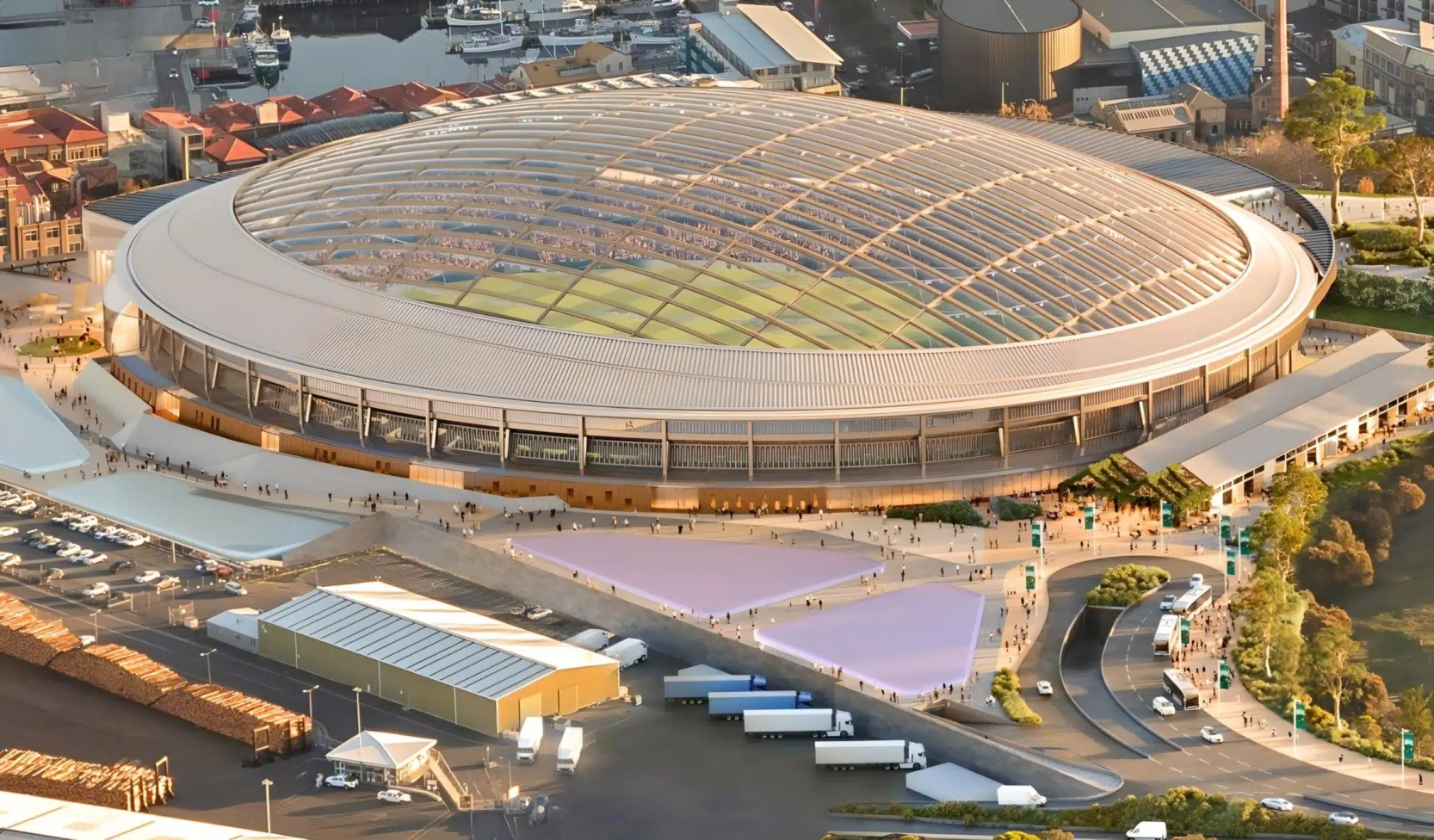 Tasmania's Macquarie Point will be the world's largest timber roofed stadium, with the government vowing to use locally sourced Tasmanian timbers. (Photo Credit: Tasmanian State Government)