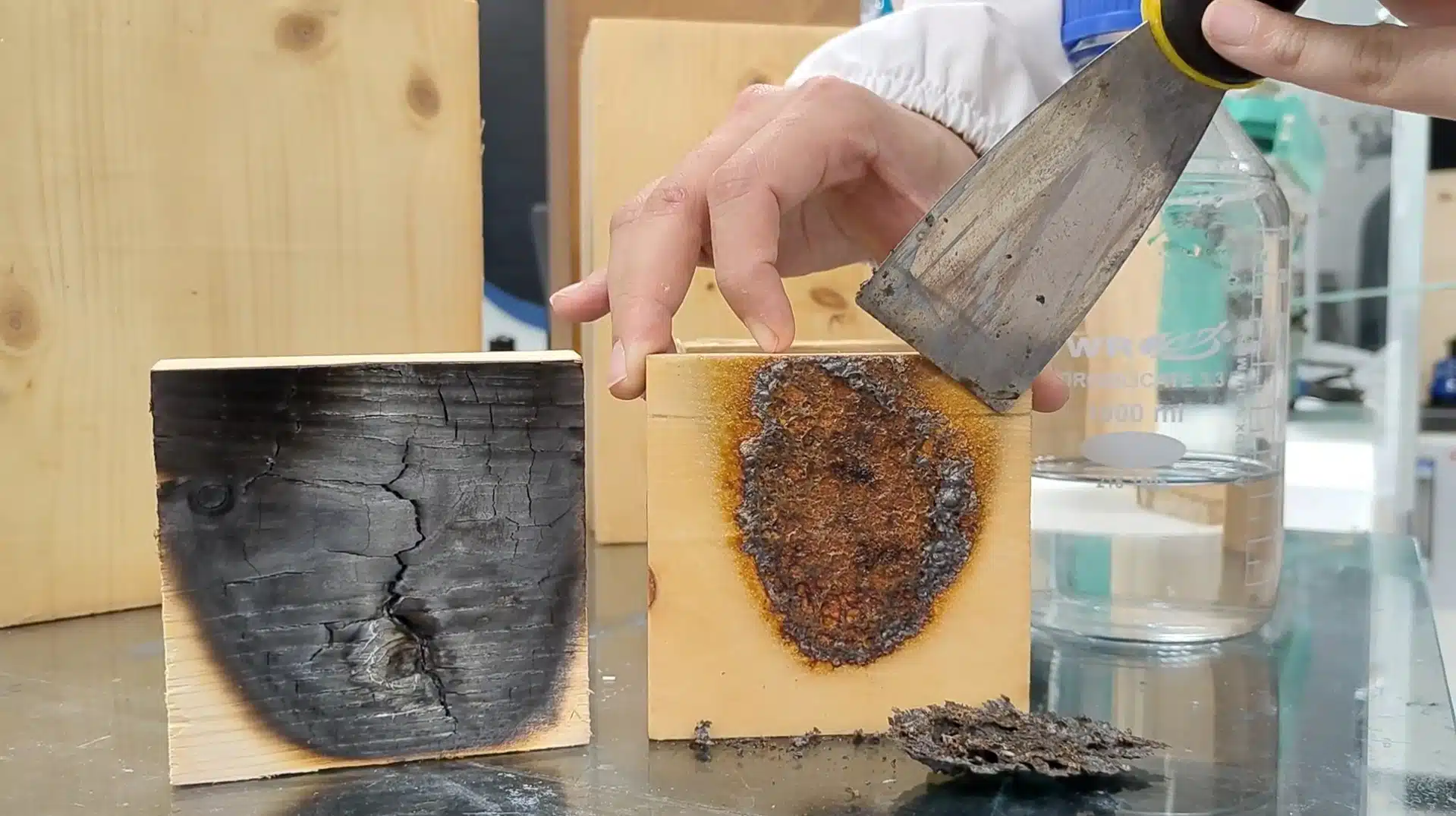 When exposed to fire, wood not coated with the invisible coating (left) gets burnt and damaged, unlike wood protected by the novel coating’s char (right). (Photo Credit: NTU)