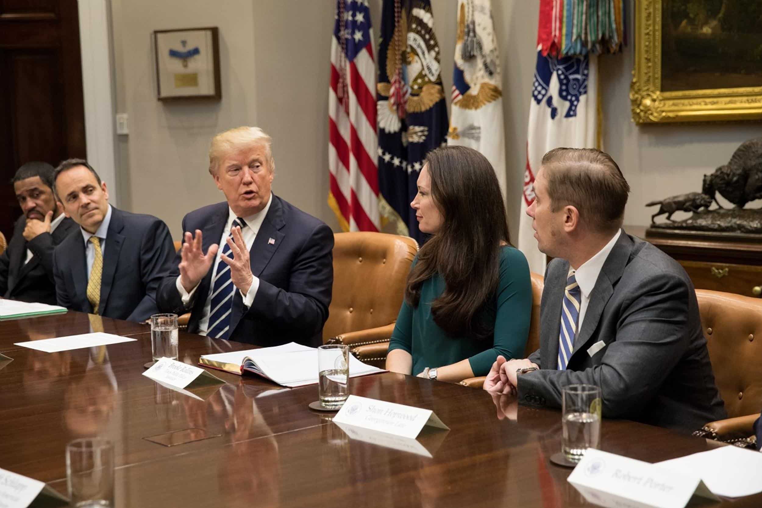The insider: US President Donald Trump speaks during a roundtable in the Roosevelt Room of the White House with Brooke Rollins (the newly appointed Agricultural Secretary) and former Governor of Kentucky, Matt Bevin, in January 2018. (Photo Credit: White House Photo / Alamy Stock Photo)