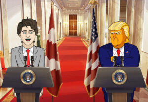 OUR CARTOON PRESIDENT, from left: Justin Trudeau (voiced by Aaron Landon), Donald Trump (voiced by Jeff Bergman), 'State Dinner', (Season 1, ep. 105, aired March 4, 2018). photo: ©Showtime / Courtesy: Everett Collection