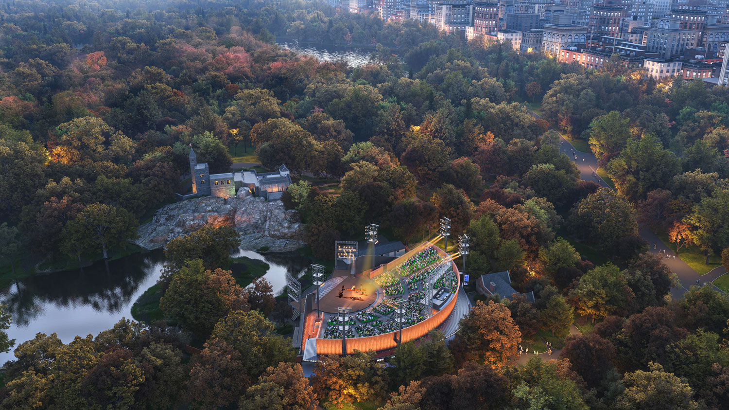 An aerial view of The Delacorte Theater. Renderings by Ennead Architects