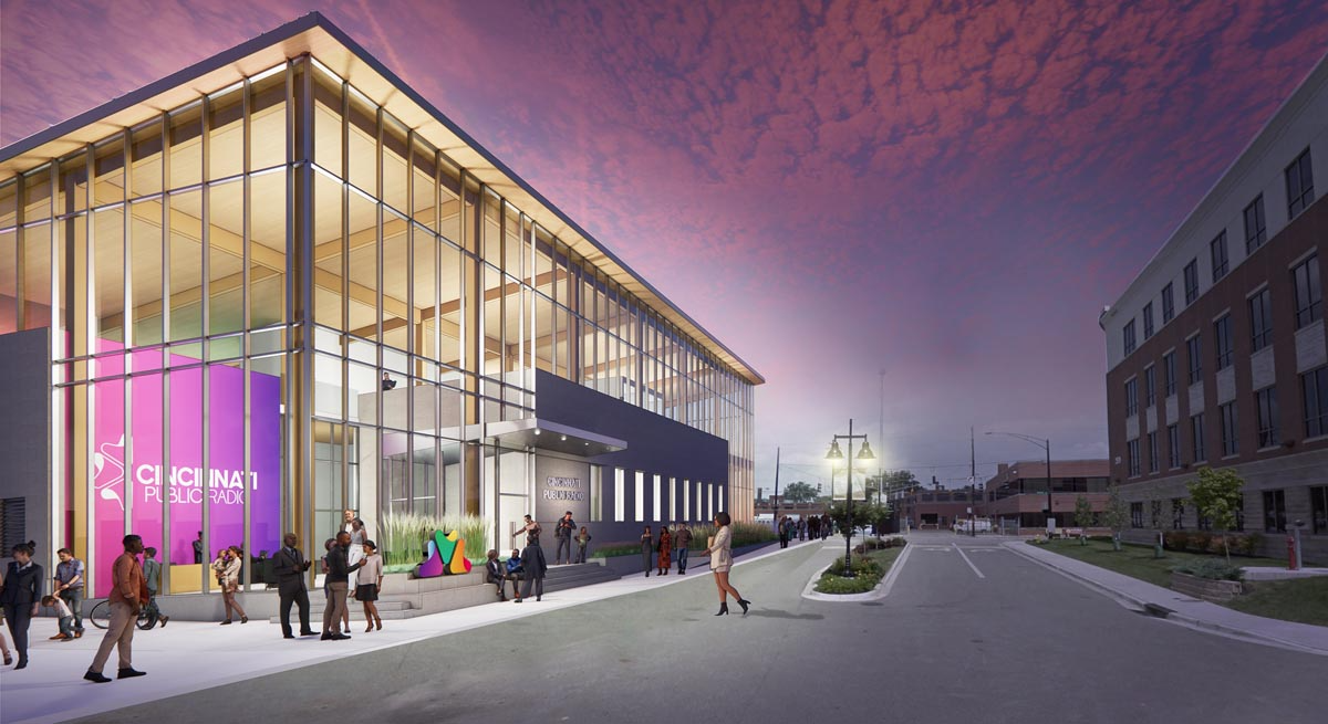 Skanska broke ground on Cincinnati Public Radio’s new headquarters, the first mass timber project in the city in August 2023. (Renders courtesy of Skanska | Emersion Design)