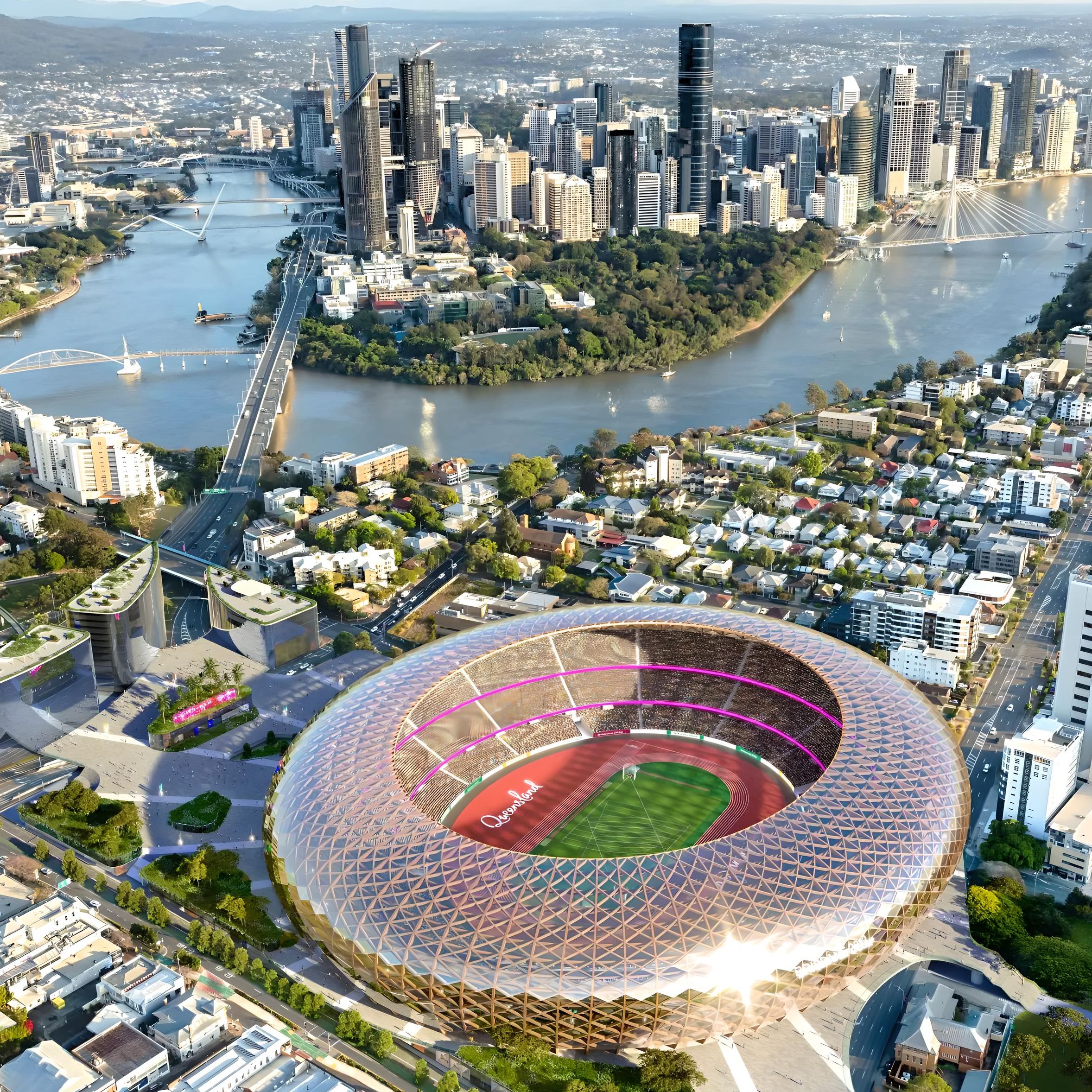 The proposed ‘Gabba West’ stadium, across Main Street from the existing Gabba. (Render credit: Kirk Studio)