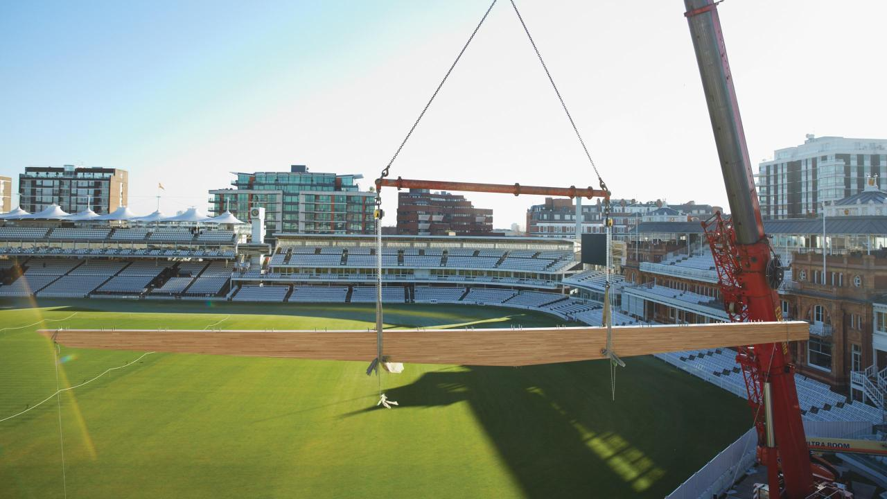 Enormous glulam beams made out of American White oak tower over Lord's Cricket Ground in London. (Photo Credit: American Hardwood Export Council)