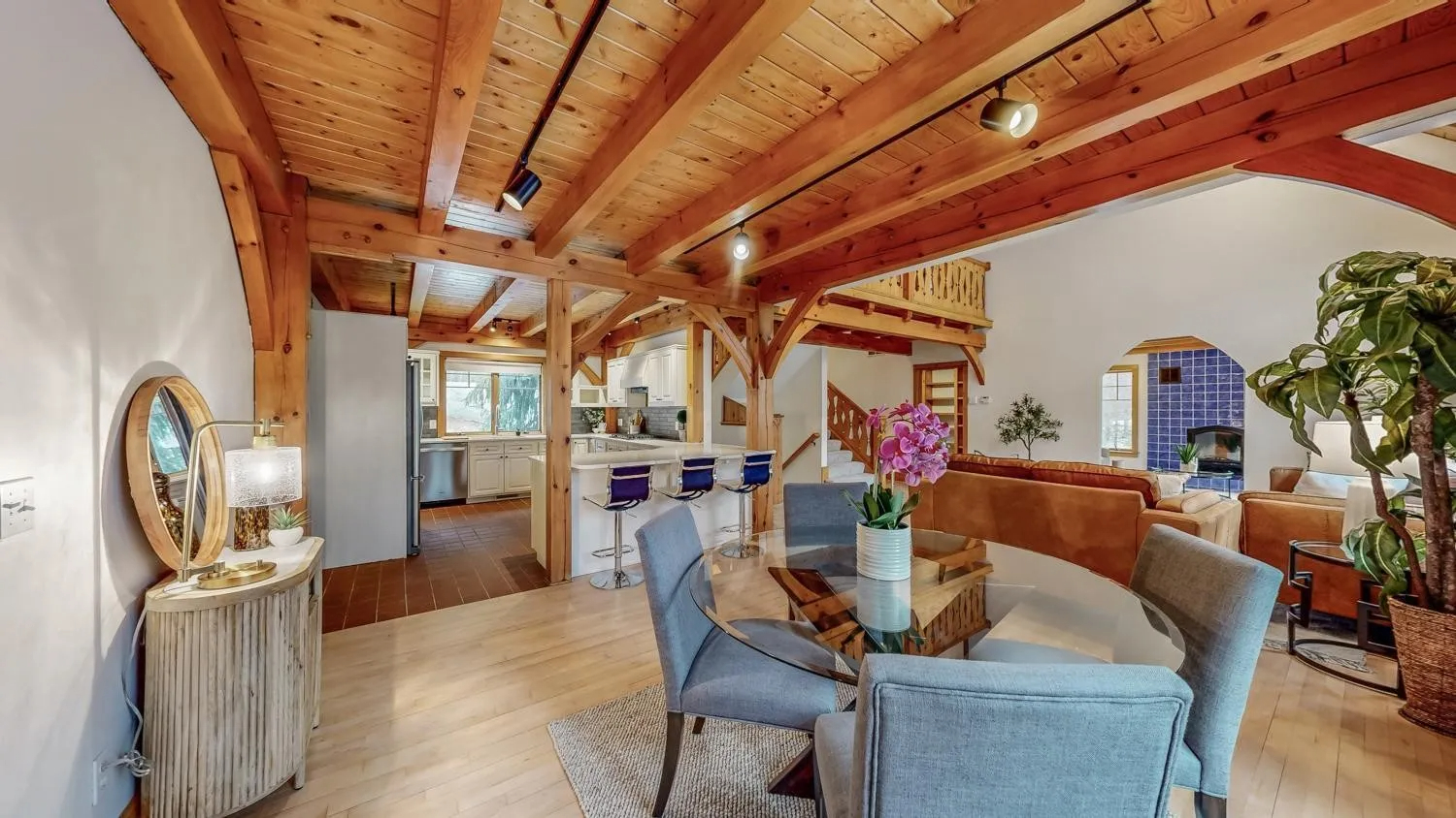 The Norwegian stave church-style home in Oronoco Township just northeast of Rochester includes custom timber frames and wood carvings throughout the home.