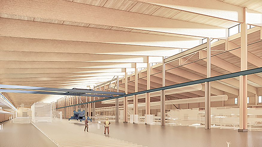 Cross-laminated timber will dominate the interior of a new CLT production facility under construction in Millersburg. (courtesy of LEVER Architecture)

