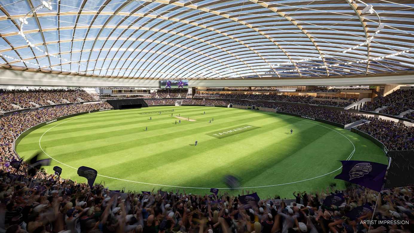 The new stadium will feature the world's largest timber roof - as part of a fully transparent ETFE and steel hybrid system. (Image Credit: Tasmanian Government)