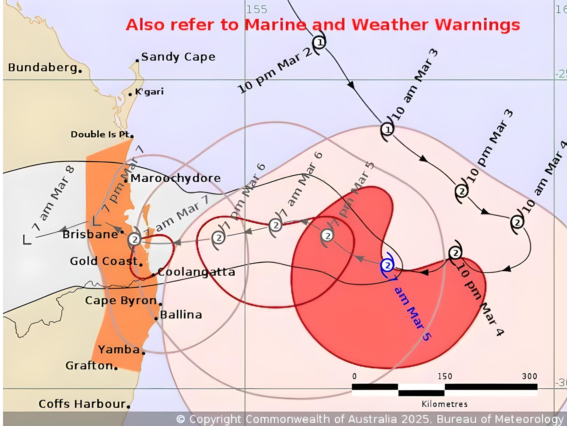 Cyclone Alfred tracking map released by the Bureau of Meteorology on Wednesday morning shows it circling of the coast of southeast Queensland. (Image Credit: BoM)