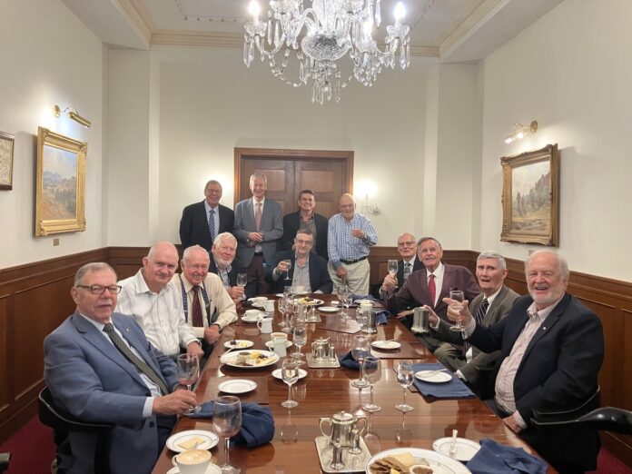 Queensland forester Dr Gary Bacon, AM, (left) who has been invited to visit the famous Kew Herbarium in London, hosted a recent luncheon at Tattersall’s Club in Brisbane that included, from left, Keith Gould and Brian Schaumberg (forestry), John Muller (timber), Dennis Rolf (forestry) Dr Michael Kennedy (wood chemistry), Jim Bowden (Wood Central), Harvey Goodchild (sawmiller), Don Towerton (timber wholesaler), and standing, Norris Lewis (forestry), John Eggleton (timber wholesaler) and Tim Evans (timber consultant) (Photo Credit: Wood Central)