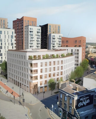 The new timber-framed tower will be clad with reclaimed stone that would otherwise be used as a waste product. Here is an aerial CGI shot of the proposed Trehus building. (Photo Credit: HUB)