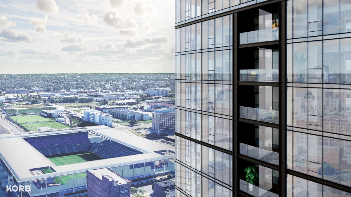 The new high-rise, which is constructed from cross-laminated timber and fully encapsulated with glass will overlook St Louis new 'Energizer Park' in the Downtown West precinct. Rendering from Korb Architects
