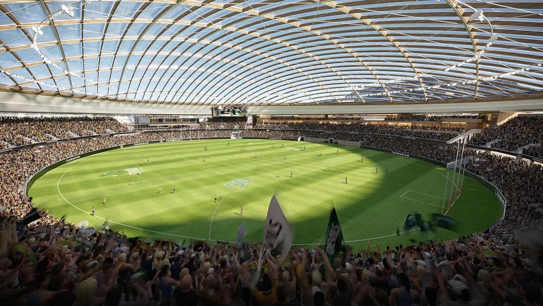 The new stadium will feature the world's largest timber roof - as part of a fully transparent ETFE and steel hybrid system. (Image Credit: Tasmanian Government)
