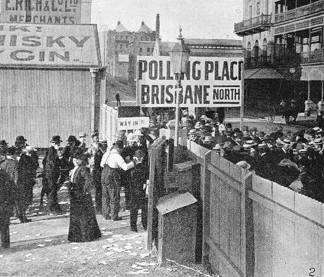 Women inside the gate of the city polling station voting for the first time in a Queensland state election, 25 May 1907 (28008208515) - PICRYL - Public Domain Media Search Engine)