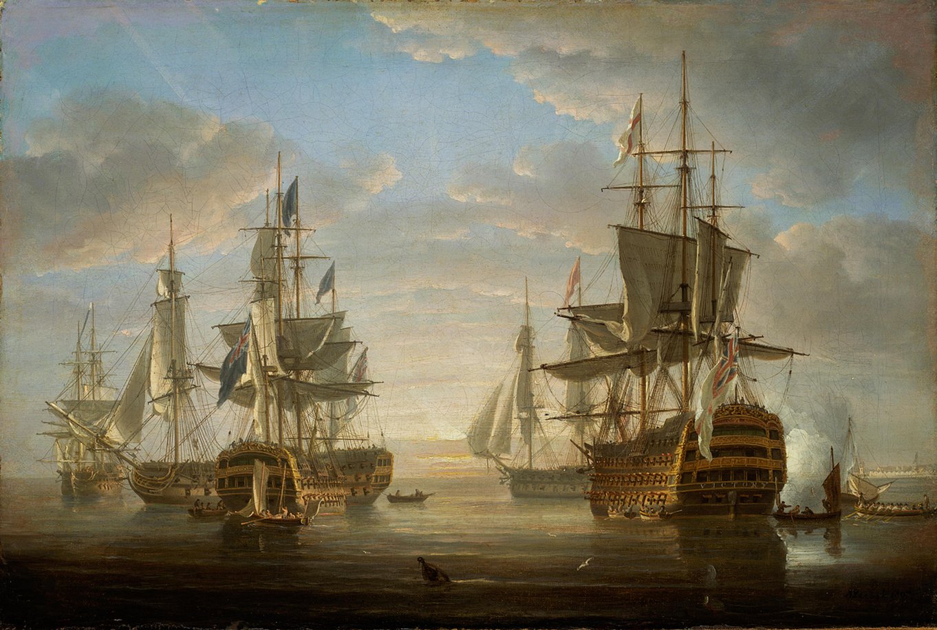 The painting depicts the five ships that Horatio Nelson commanded or that served as his flagship. In the background on the left is HMS Agamemnon, in front of it is HMS Vanguard, and in the foreground on the left is HMS Elephant. In the background on the right is HMS Captain, and in the foreground on the right is HMS Victory. 17 January 2013, 11:22:30. Nicholas Pocock 384 Nelson's flagships at anchor. (Photo Credit: The Picture Art Collection / Alamy Stock Photo)