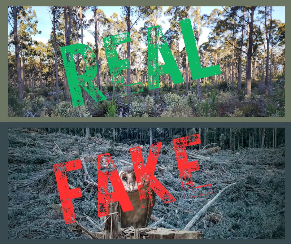 Top - Regenerated native forest that was clear felled in the late 1980s and selectively thinned and harvested five years ago. Bottom - One of the fake photos from Bob Brown Foundation website https://bobbrown.org.au/campaigns/