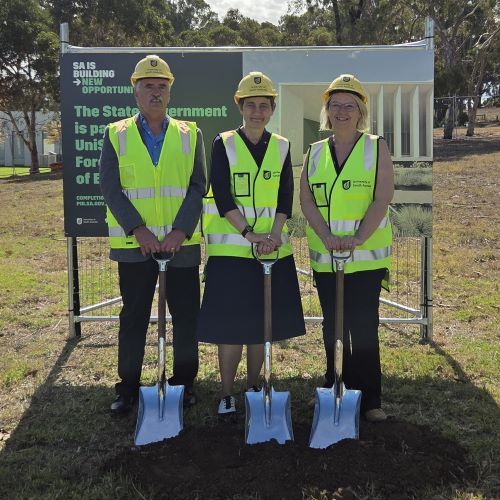 FCoE Director Professor Jeff Morrell, UniSA Standing Acting Vice Chancellor Professor Marnie Hughes-Warrington, and Minister Claire Scriven pictured at Thursday's sod turning.
